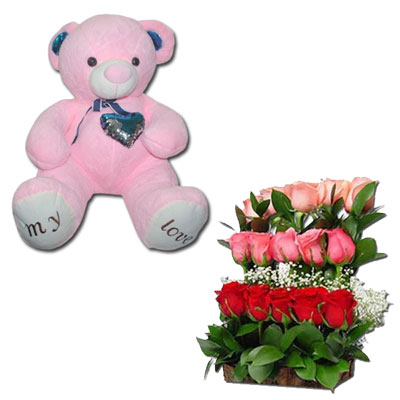 "Pink Teddy - BST- 9813, Flower basket - Click here to View more details about this Product